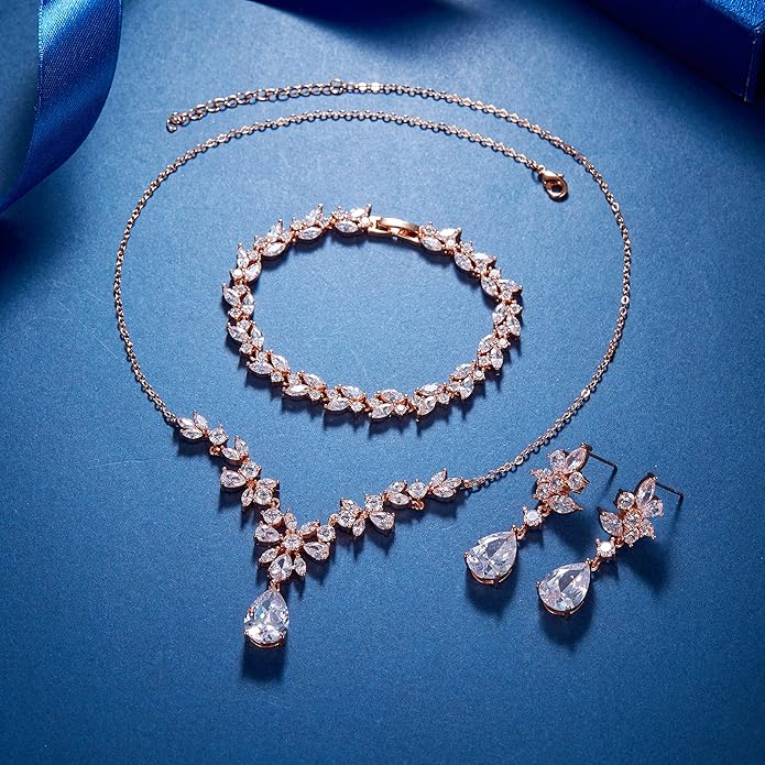 EleQueen Women's Wedding Bridal Jewelry Set for Brides Bridesmaids, Silver/14K Gold/Rose Gold Plated Cubic Zirconia Teardrop Necklace Dangle Earrings Bracelet Sets for Party Prom