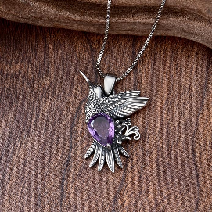 RMREWY Genuine Amethyst Hummingbird Pendant Necklace,925 Sterling Silver Native American Vintage Boho Western Pendant Real Gemstone Jewelry Birthdays Gift for Women Bird Lover