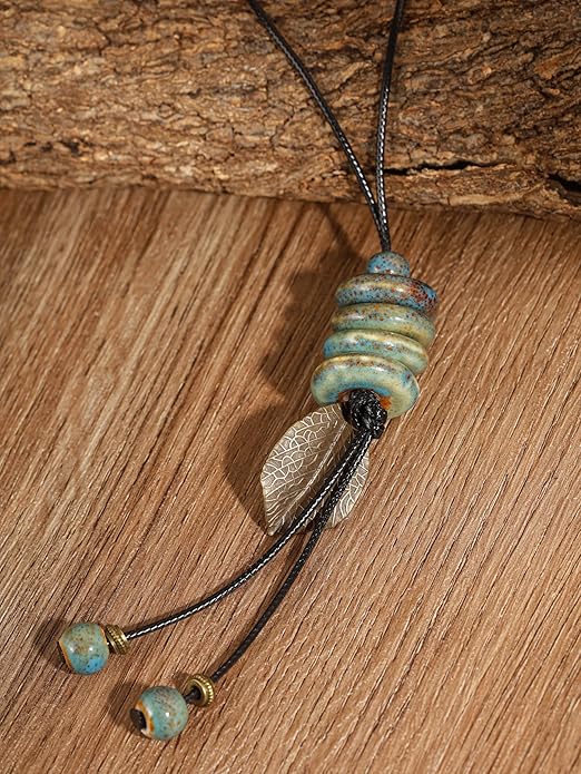 MINACHI Vintage Bohemian Leaf Charm Colorful Ceramic Bead Long Y Necklace, Boho Jewelry Gift for Women