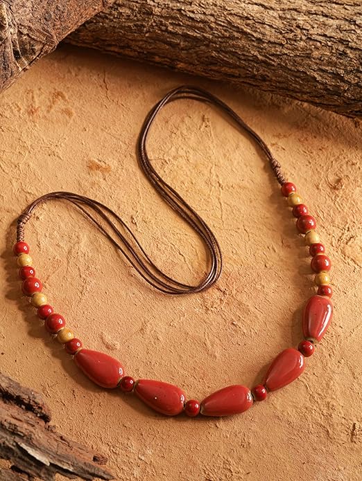 MINACHI Boho Hippie Round Ceramic Beads Strand Necklace, Vintage Bohemian Summer Beach Jewelry Gift for Women