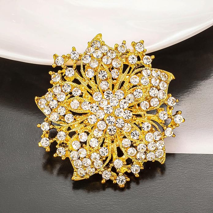 Womens Flower-shape Statement Brooch Pin Crystal Brooch for Women