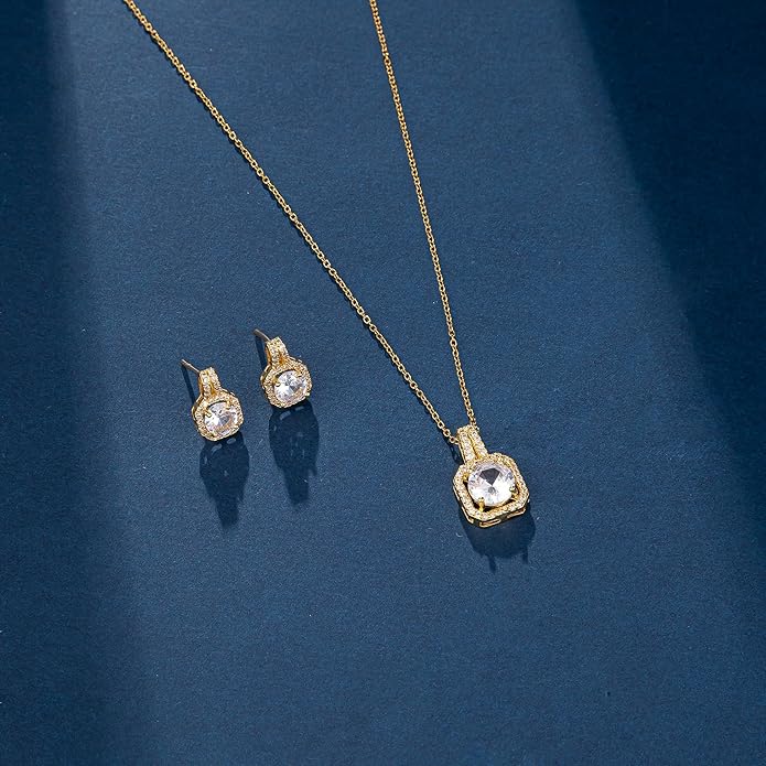 4pcs Cubic Zirconia Wedding Jewelry Sets for Bride Bridesmaid Cubic Zirconia Pendant Necklace Earrings Link Tennis Bracelet Open Ring Set for Women