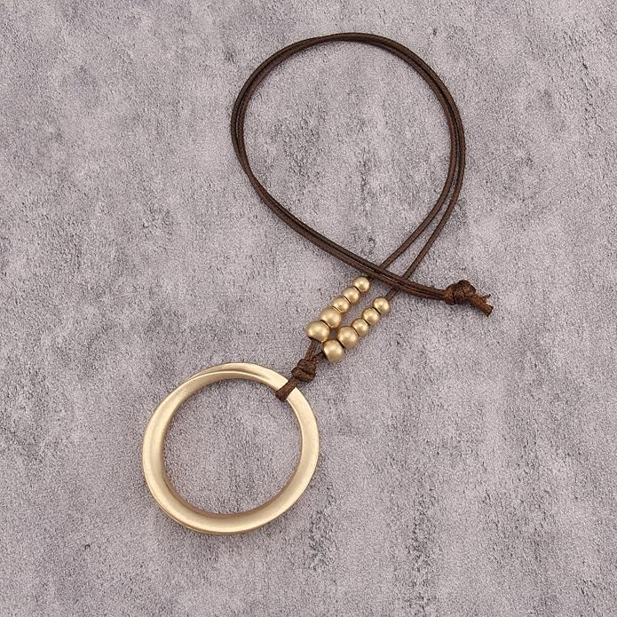 Boho Leather Necklace Women Bohemian Brown Circle Pendant Necklace Choker Long Necklaces for Women Boho Ring Large Pendant