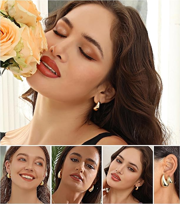 12 Pairs Chunky Gold Hoop Earrings for Women Trendy, Gold Plated Lightweight Hypoallergenic Stack, Thick Open Twisted Huggie Hoops Earring Set