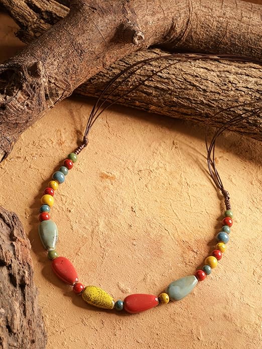 MINACHI Boho Hippie Round Ceramic Beads Strand Necklace, Vintage Bohemian Summer Beach Jewelry Gift for Women