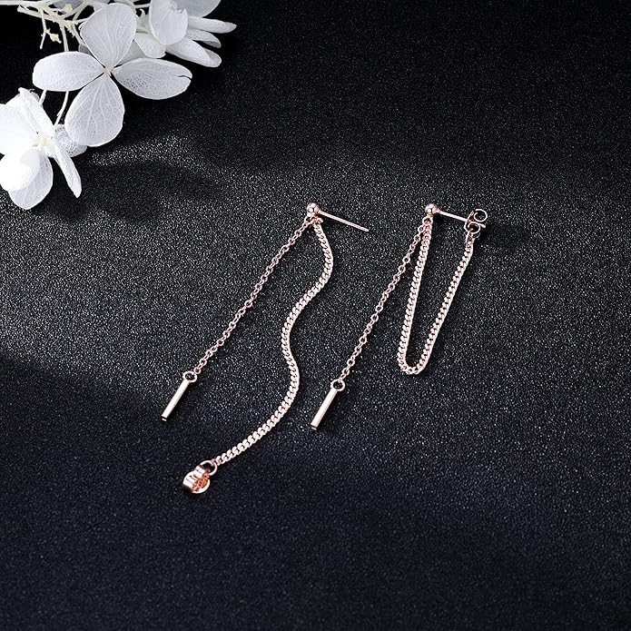 SLUYNZ Solid 925 Sterling Silver Bar Dangle Earrings for Women Minimalist Dangle Earrings Threader Chain