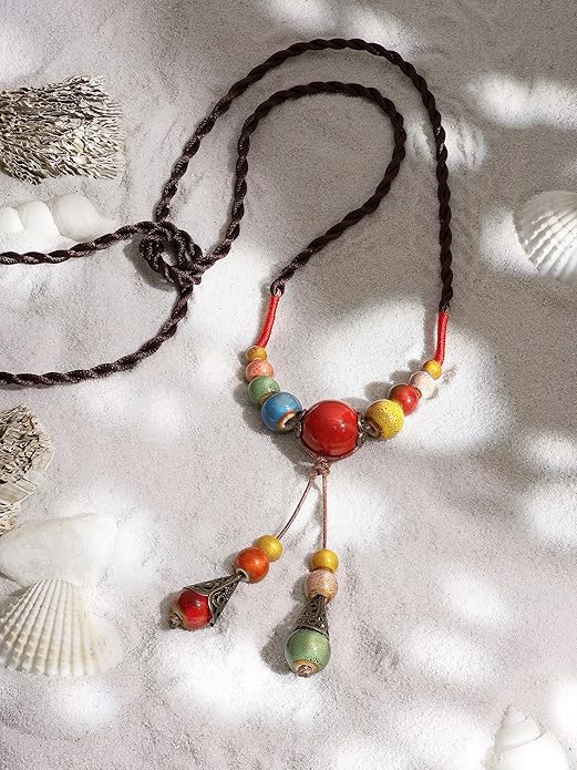 MINACHI Vintage Bohemian Ethnic Colorful Ceramic Bead Long Y Necklace, Hippie Boho Summer Fashion Jewelry Gift for Women