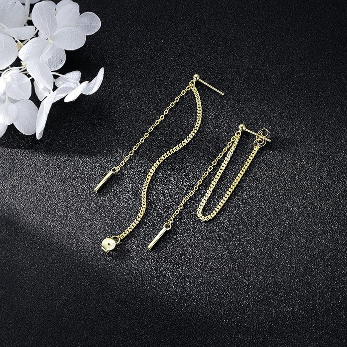 SLUYNZ Solid 925 Sterling Silver Bar Dangle Earrings for Women Minimalist Dangle Earrings Threader Chain