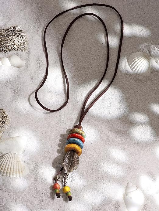 MINACHI Vintage Bohemian Leaf Charm Colorful Ceramic Bead Long Y Necklace, Boho Jewelry Gift for Women