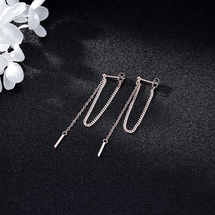 SLUYNZ Solid 925 Sterling Silver Bar Dangle Earrings for Women Minimalist Dangle Earrings Threader Chain